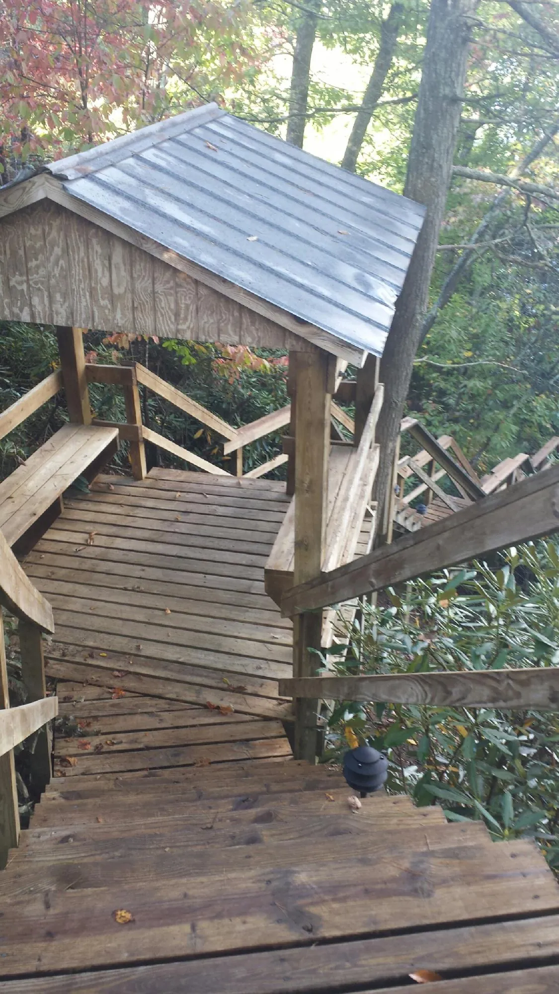 Metal roofed shelter over wooden steps on a wooded walkway — Skylight Repair & Installation work by our crew in Evans